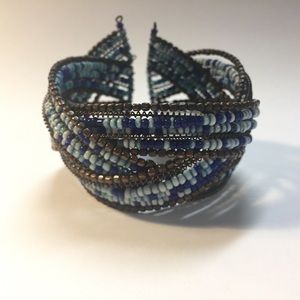 Blue Beaded Beaded Cuff Bracelet